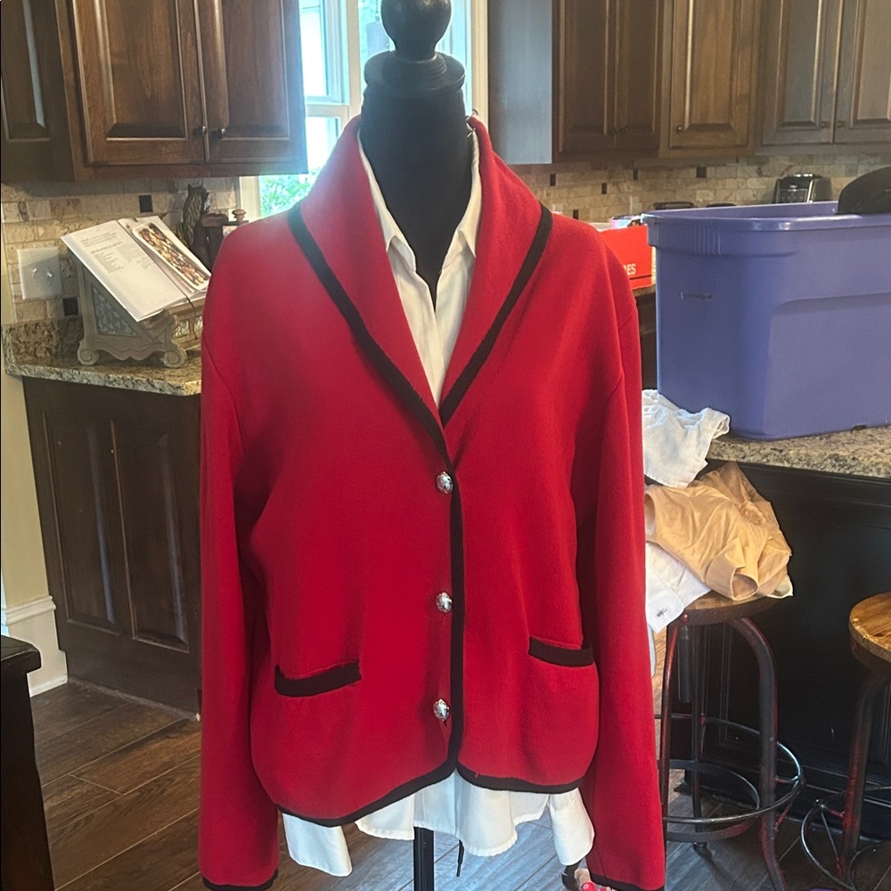 Chaps Sz XL Red Women's  100% Cotton Cardigan with Navy Trim GUC